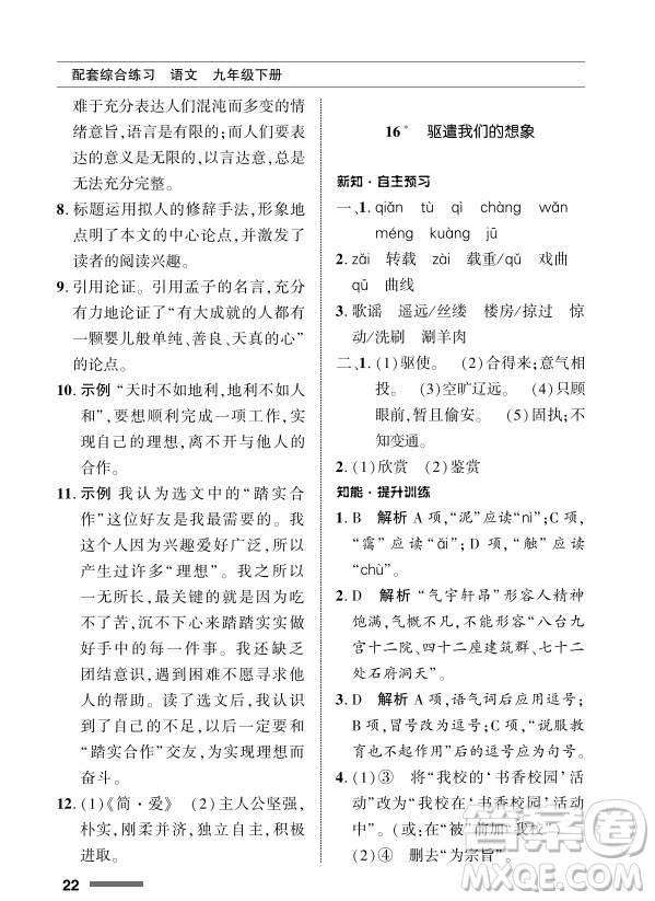 北京師范大學(xué)出版社2024年春配套綜合練習(xí)九年級語文下冊人教版參考答案