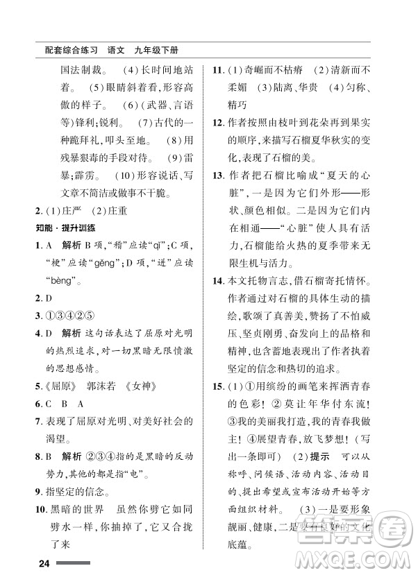 北京師范大學(xué)出版社2024年春配套綜合練習(xí)九年級語文下冊人教版參考答案