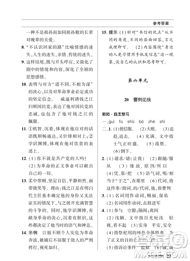 北京師范大學(xué)出版社2024年春配套綜合練習(xí)九年級語文下冊人教版參考答案