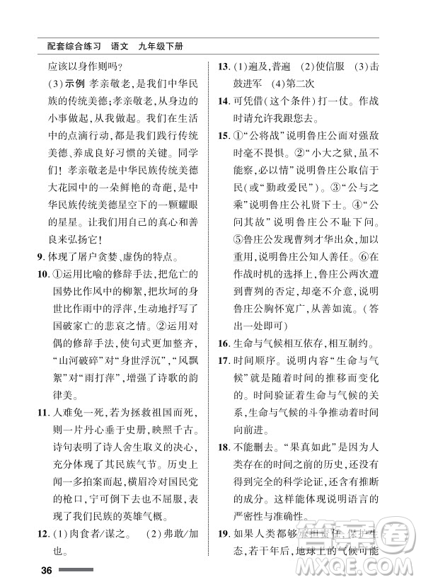 北京師范大學(xué)出版社2024年春配套綜合練習(xí)九年級語文下冊人教版參考答案