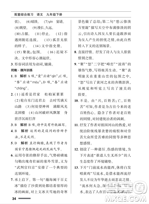 北京師范大學(xué)出版社2024年春配套綜合練習(xí)九年級語文下冊人教版參考答案