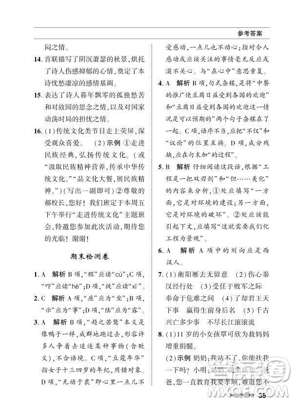 北京師范大學(xué)出版社2024年春配套綜合練習(xí)九年級語文下冊人教版參考答案