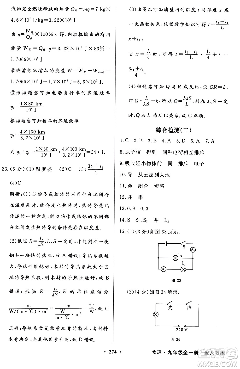 人民教育出版社2024年春同步導(dǎo)學(xué)與優(yōu)化訓(xùn)練九年級物理下冊人教版答案
