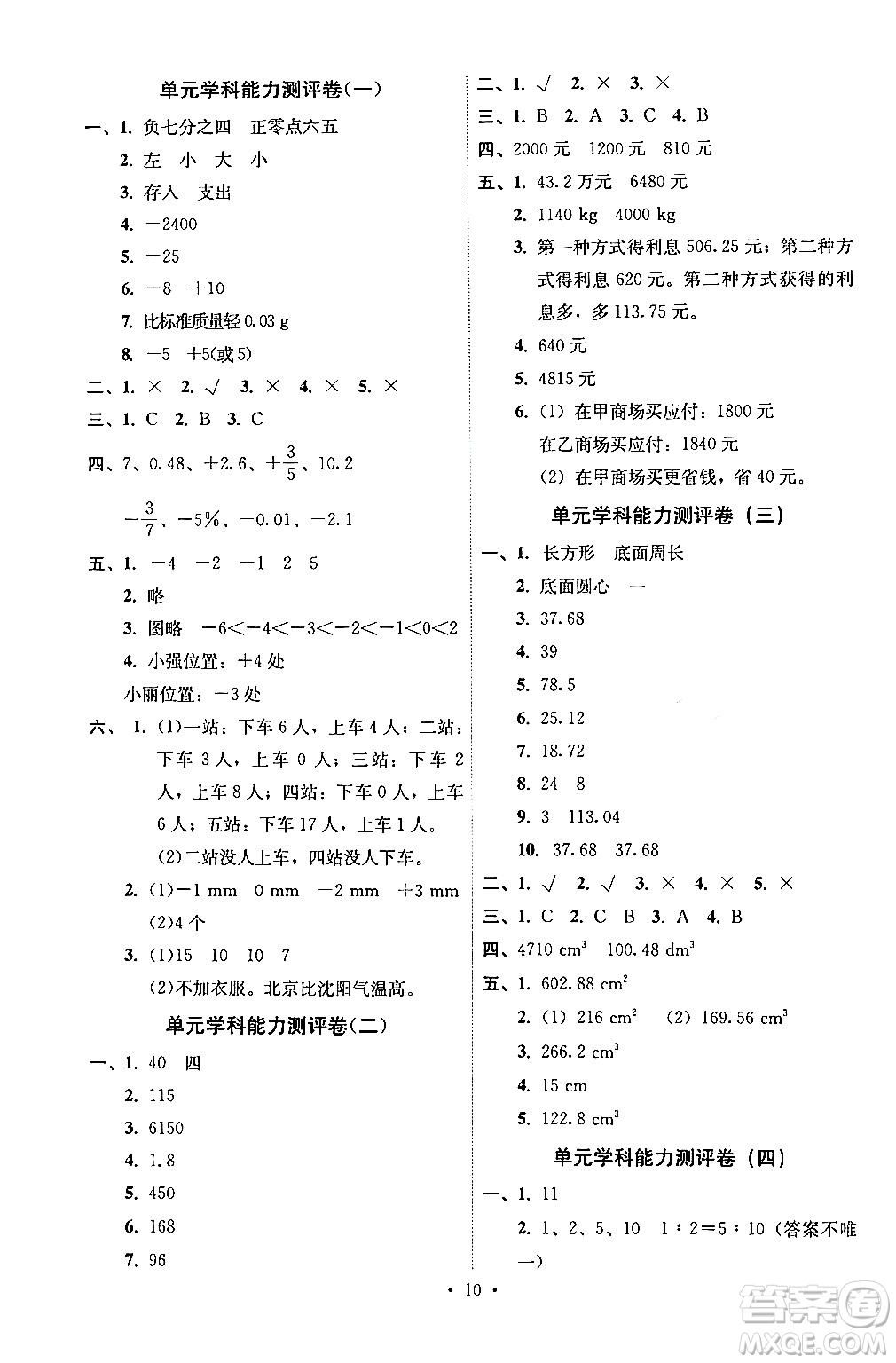 人民教育出版社2024年春能力培養(yǎng)與測(cè)試六年級(jí)數(shù)學(xué)下冊(cè)人教版湖南專(zhuān)版答案