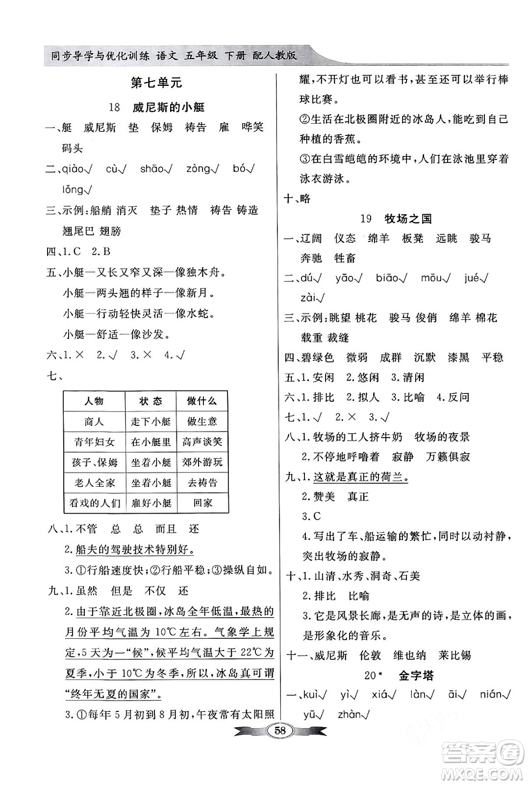 人民教育出版社2024年春同步導學與優(yōu)化訓練五年級語文下冊人教版答案