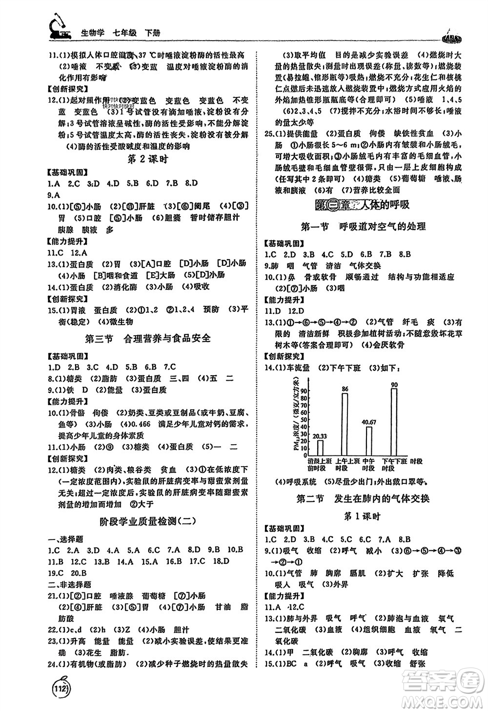 山東友誼出版社2024年春初中同步練習冊七年級生物下冊人教版參考答案