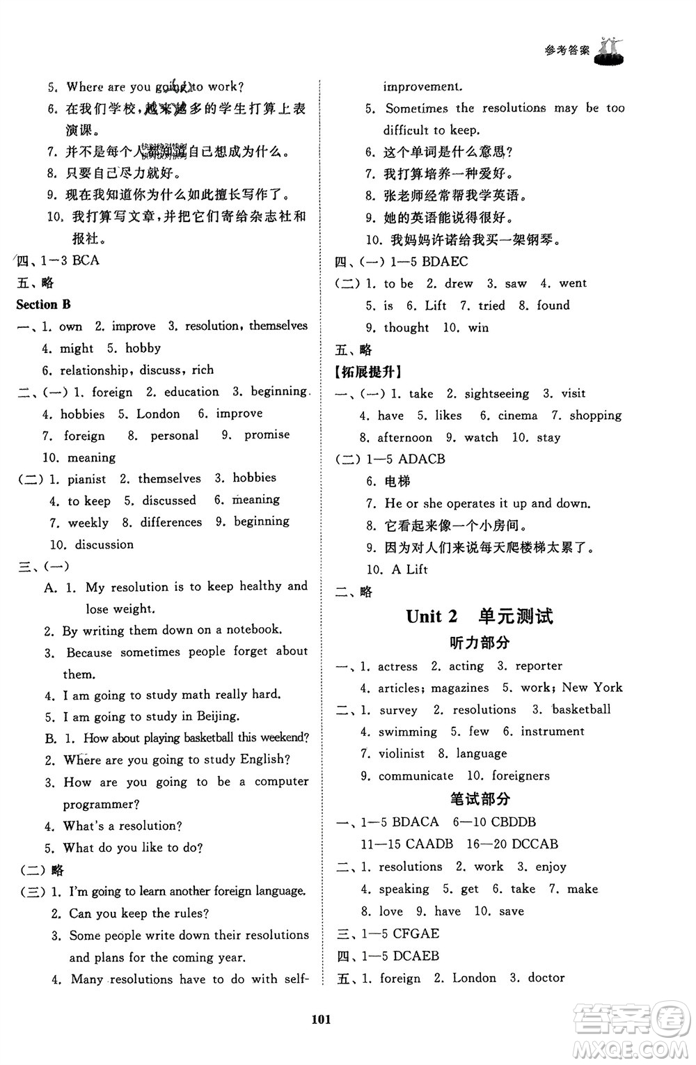 山東友誼出版社2024年春初中同步練習(xí)冊(cè)七年級(jí)英語(yǔ)下冊(cè)魯教版參考答案