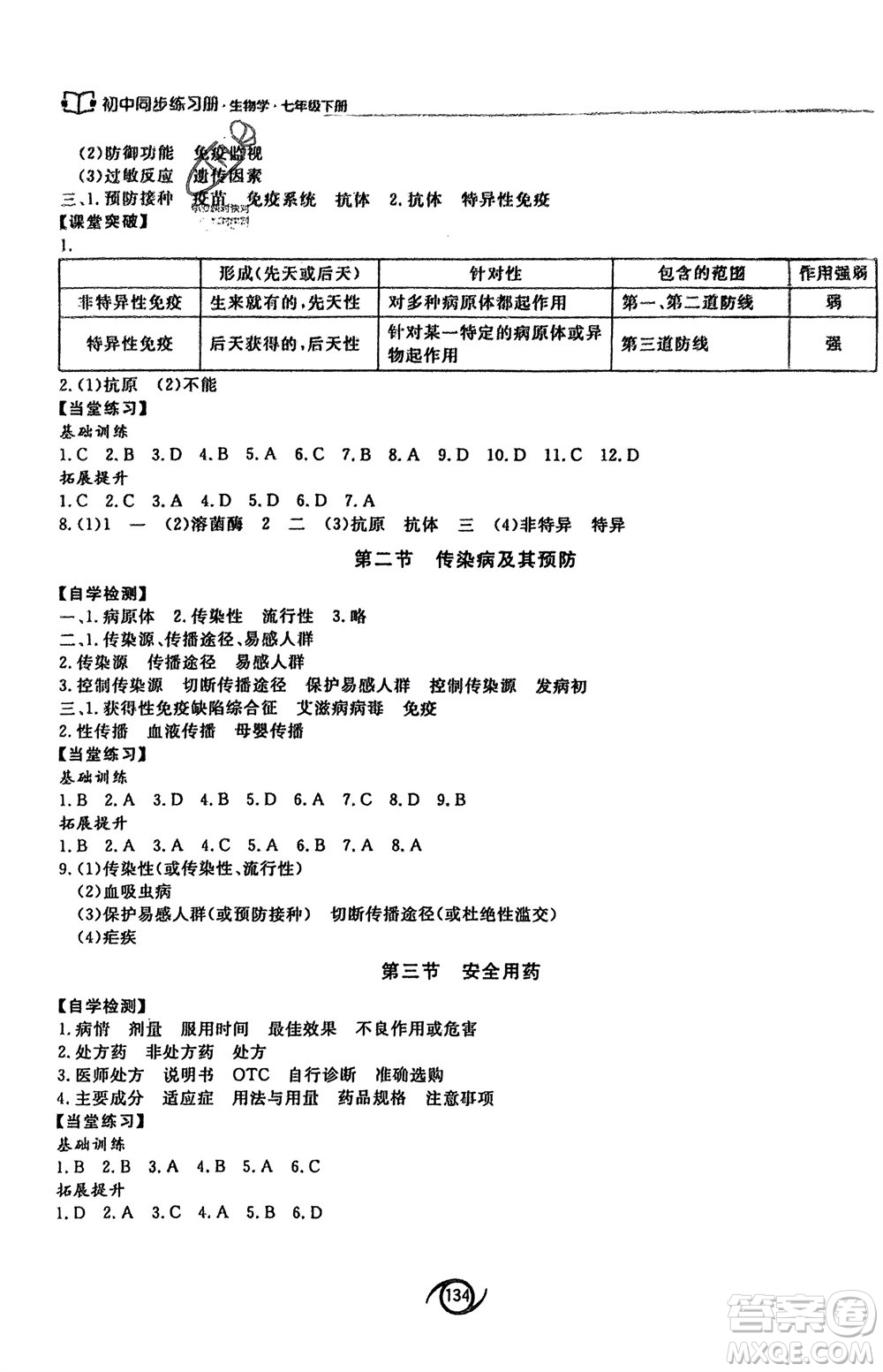 西安出版社2024年春初中同步練習(xí)冊(cè)七年級(jí)生物下冊(cè)濟(jì)南版參考答案
