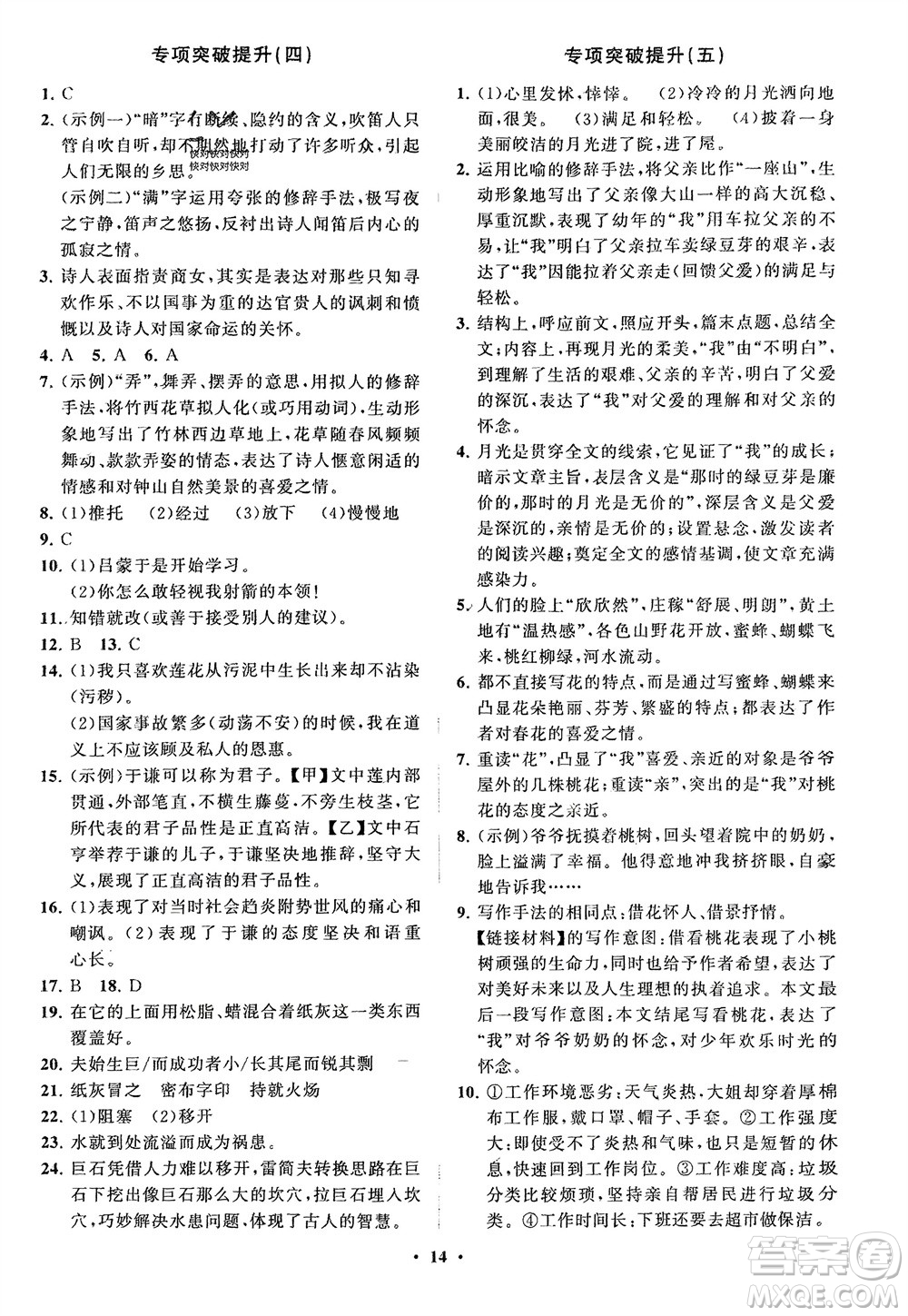 山東教育出版社2024年春初中同步練習(xí)冊(cè)分層卷七年級(jí)語(yǔ)文下冊(cè)通用版參考答案