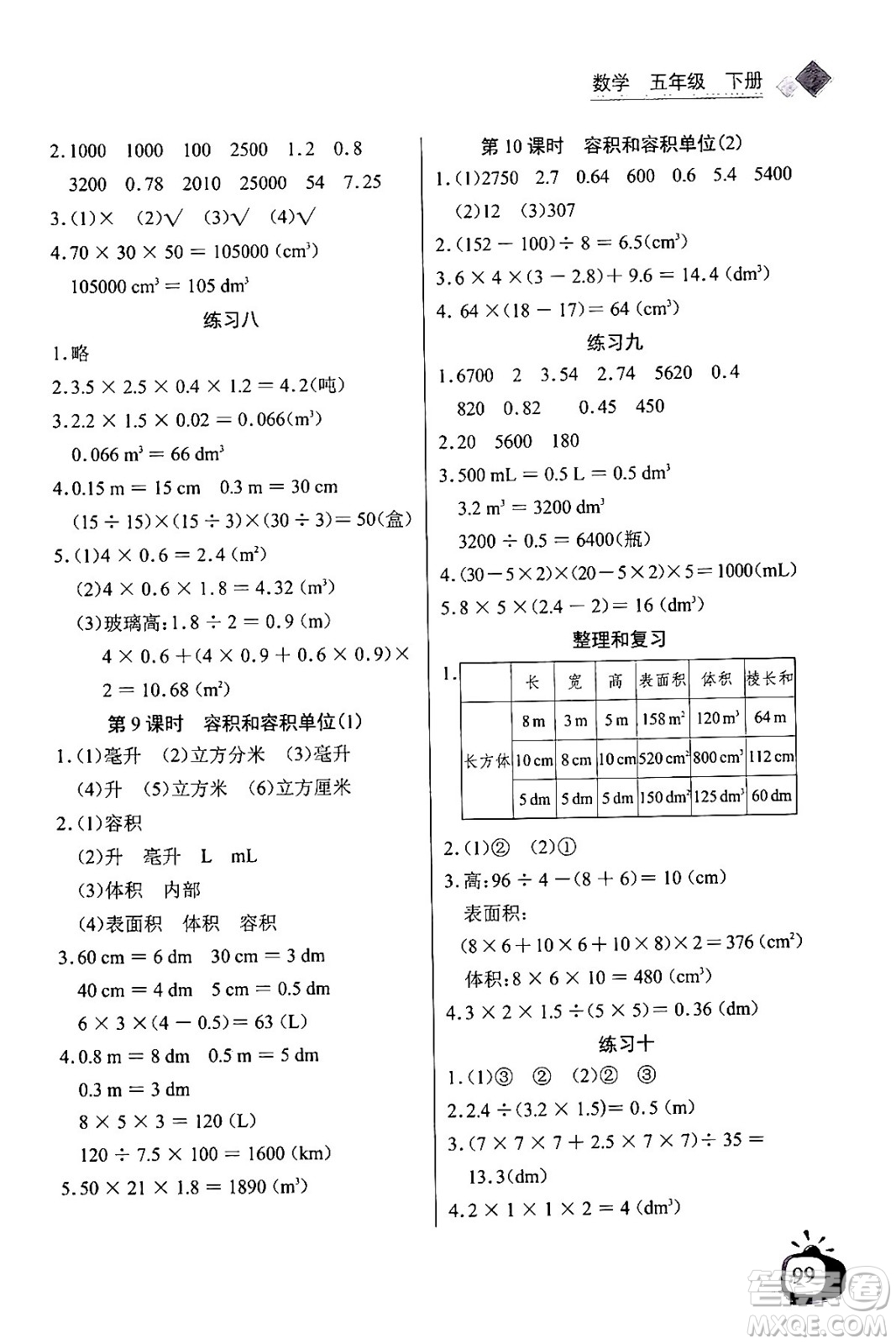 長(zhǎng)江少年兒童出版社2024年春長(zhǎng)江全能學(xué)案同步練習(xí)冊(cè)五年級(jí)數(shù)學(xué)下冊(cè)人教版答案