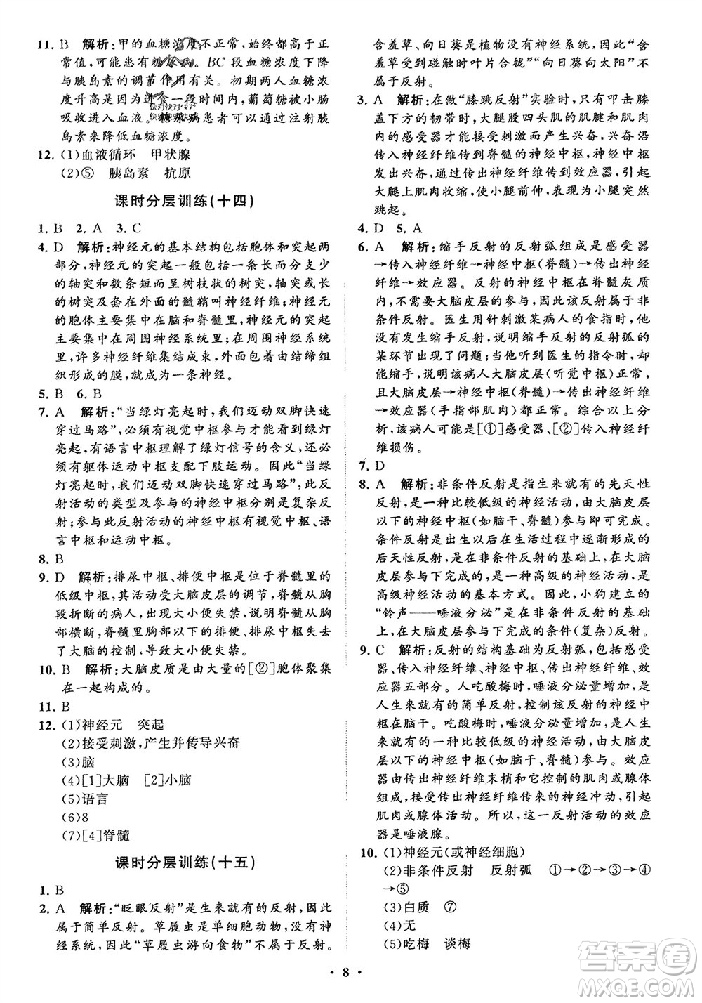 山東教育出版社2024年春初中同步練習冊分層卷七年級生物下冊通用版參考答案