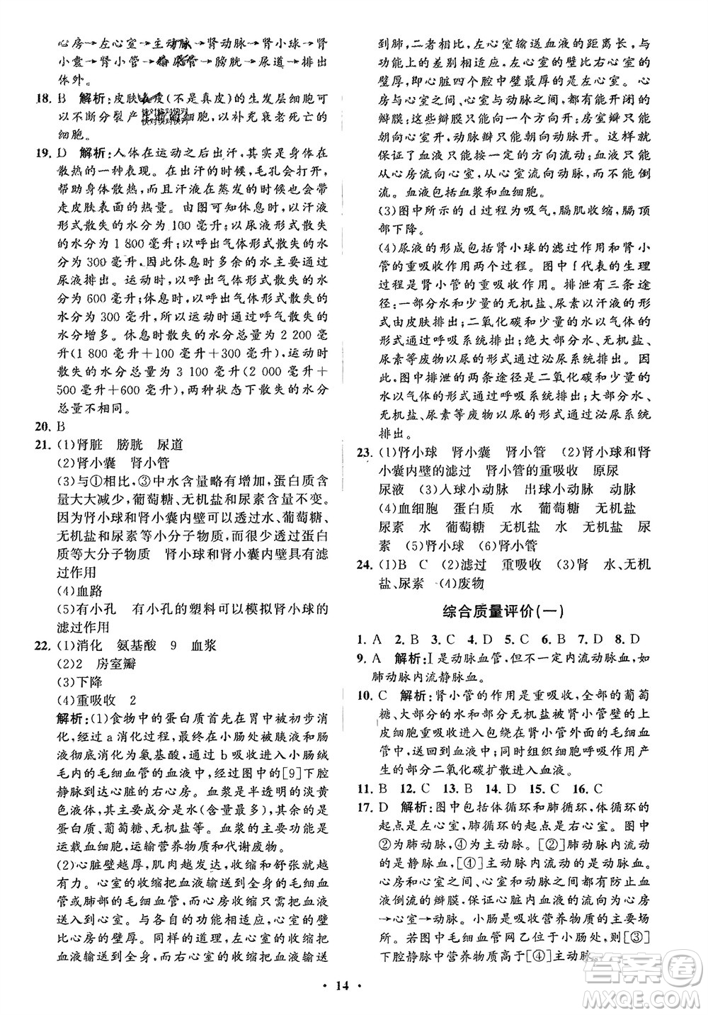 山東教育出版社2024年春初中同步練習冊分層卷七年級生物下冊通用版參考答案