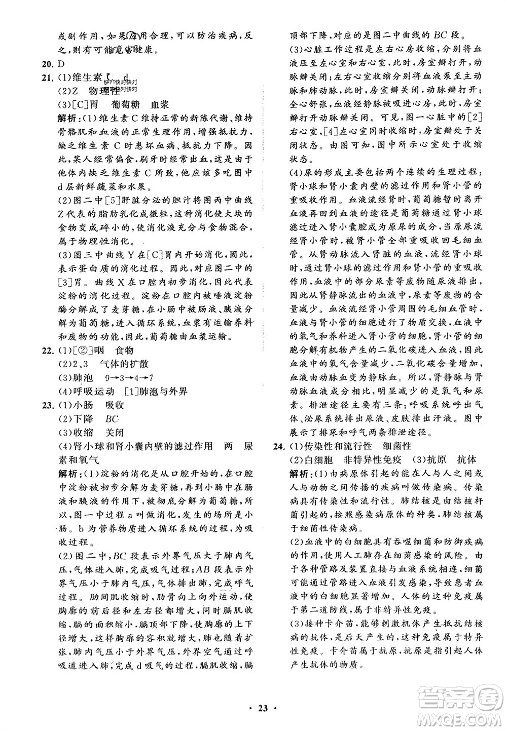 山東教育出版社2024年春初中同步練習冊分層卷七年級生物下冊通用版參考答案