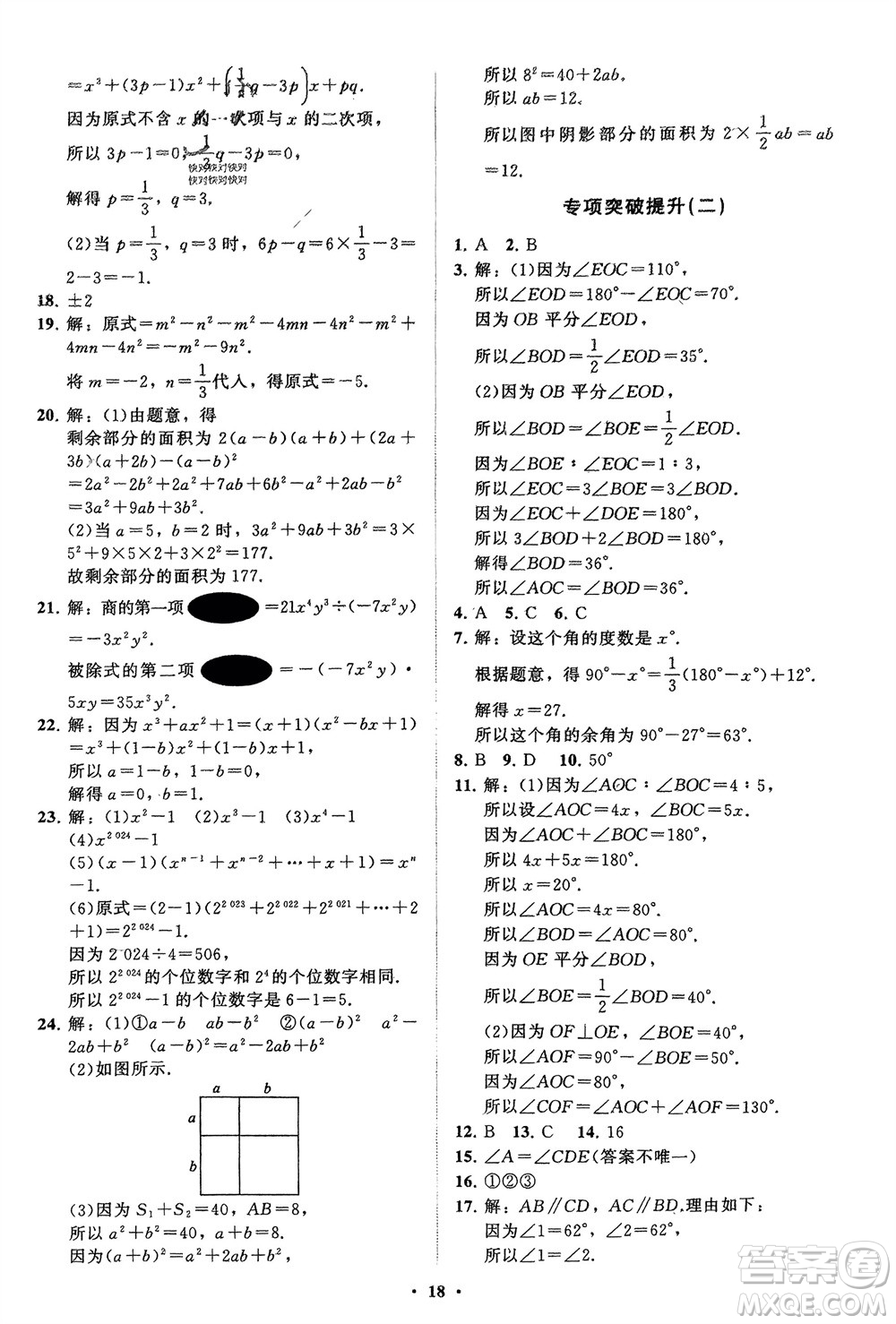 山東教育出版社2024年春初中同步練習(xí)冊分層卷七年級數(shù)學(xué)下冊北師大版參考答案