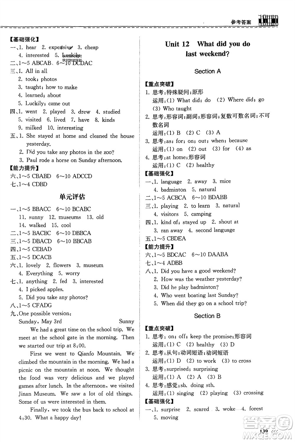 山東科學技術(shù)出版社2024年春初中同步練習冊分層卷七年級英語下冊人教版山東專版參考答案