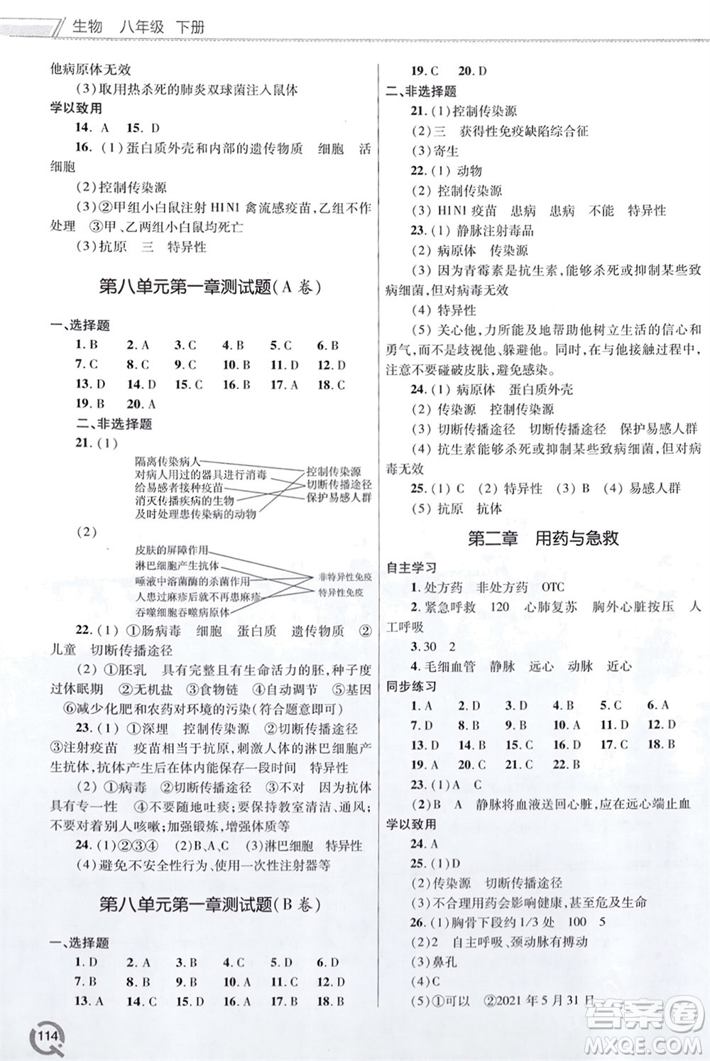 青島出版社2024年春初中同步練習(xí)冊(cè)八年級(jí)生物下冊(cè)六三制學(xué)人教版參考答案