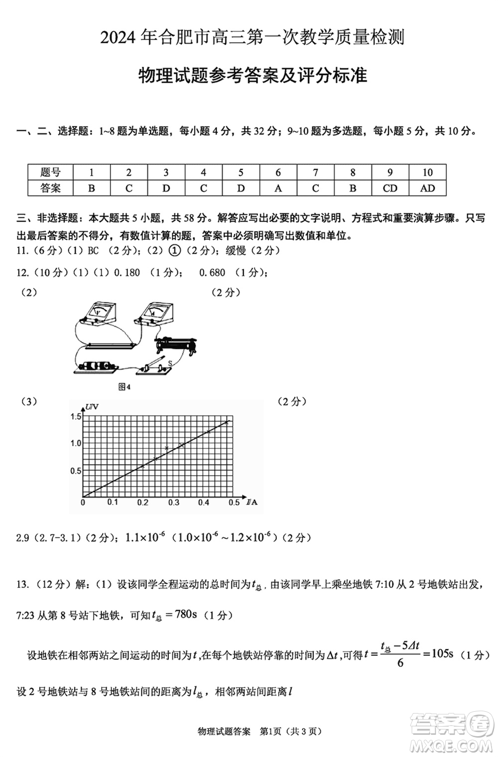 合肥市2024屆高三下學期第一次教學質(zhì)量檢測物理參考答案