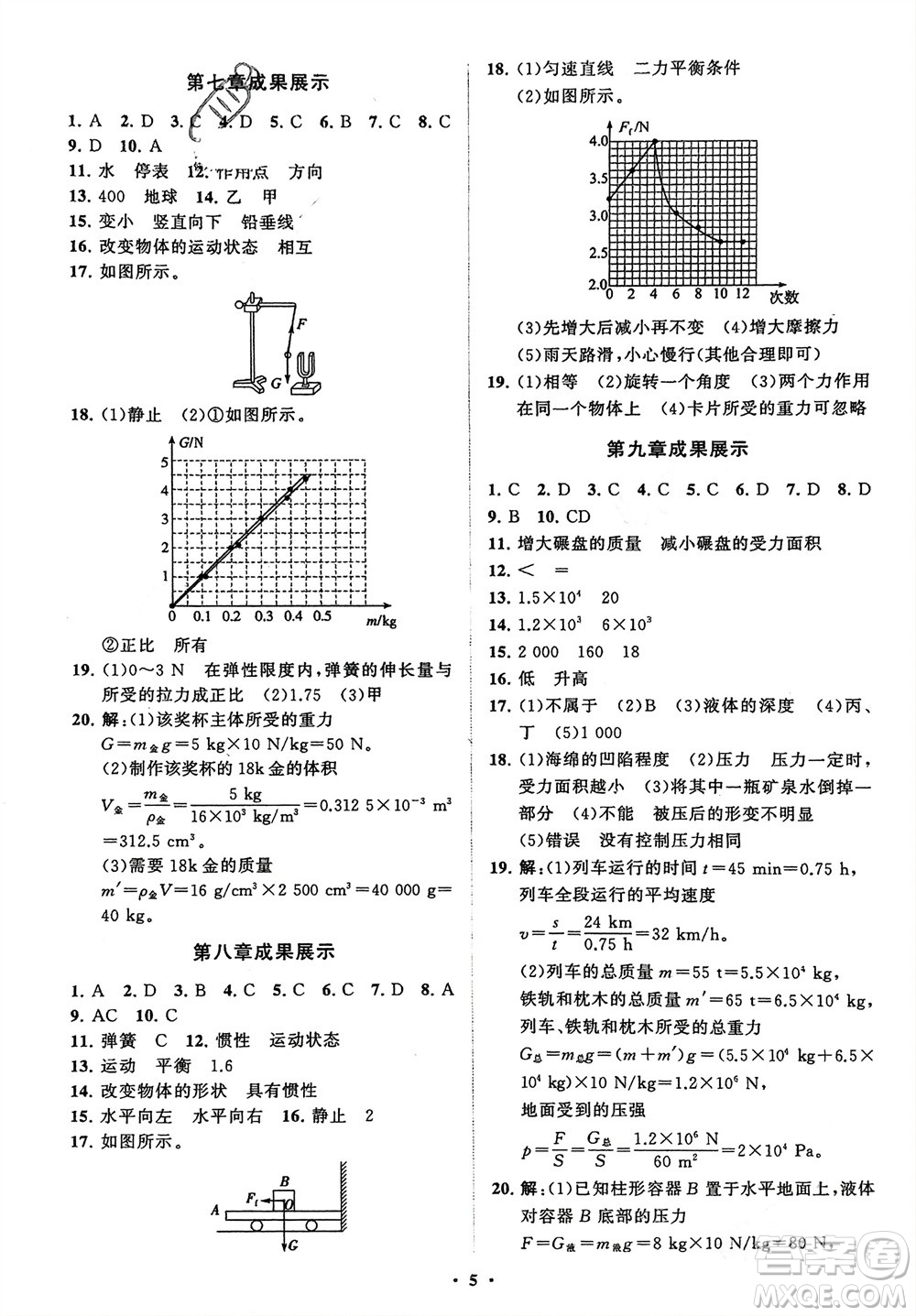 山東教育出版社2024年春初中同步練習(xí)冊分層卷八年級物理下冊人教版參考答案