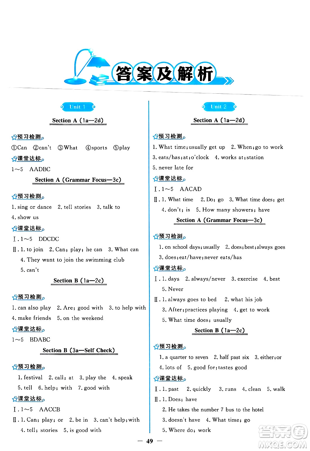 人民教育出版社2024年春陽(yáng)光課堂金牌練習(xí)冊(cè)七年級(jí)英語(yǔ)下冊(cè)人教PEP版答案
