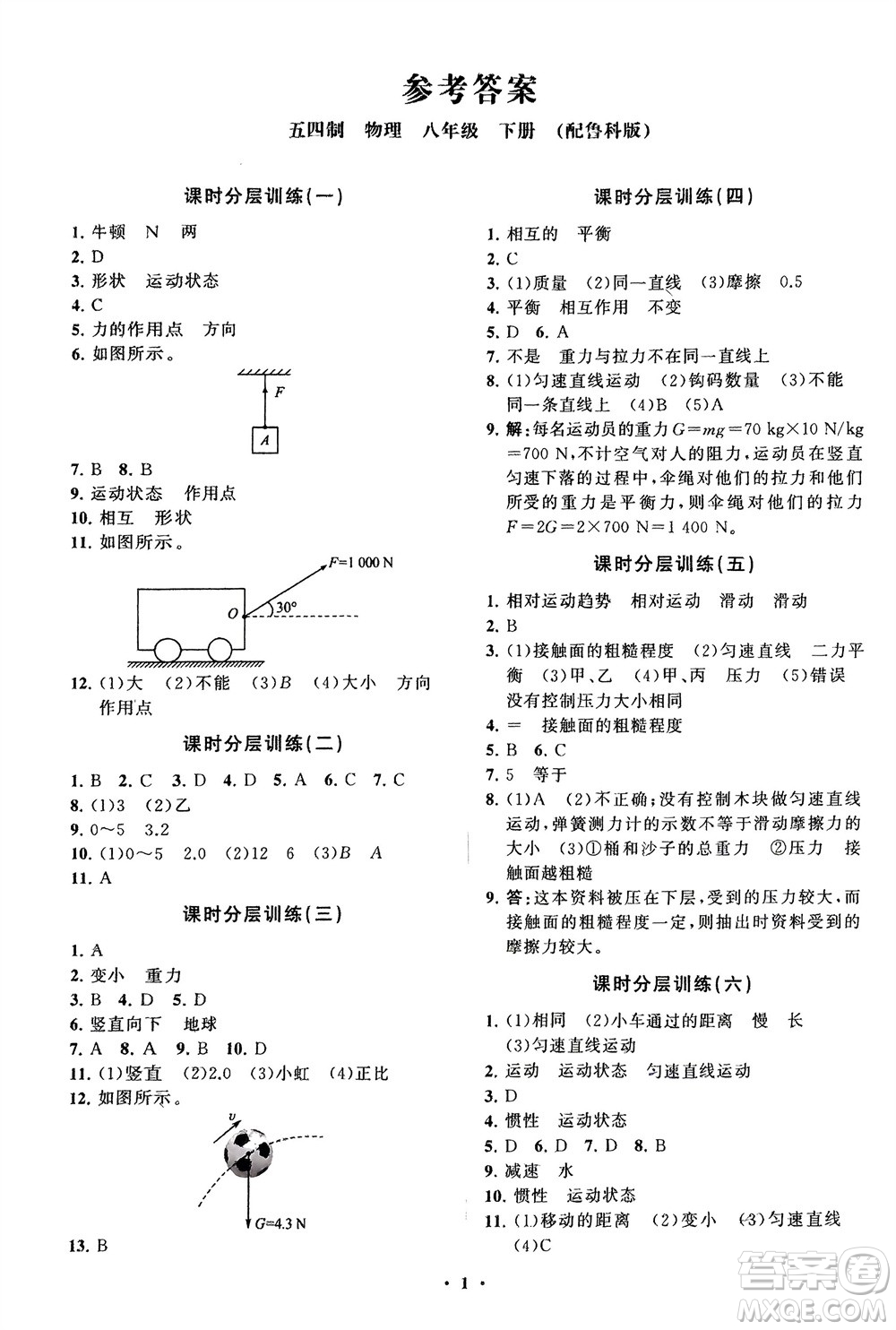 山東教育出版社2024年春初中同步練習(xí)冊分層卷八年級物理下冊五四學(xué)制魯科版參考答案