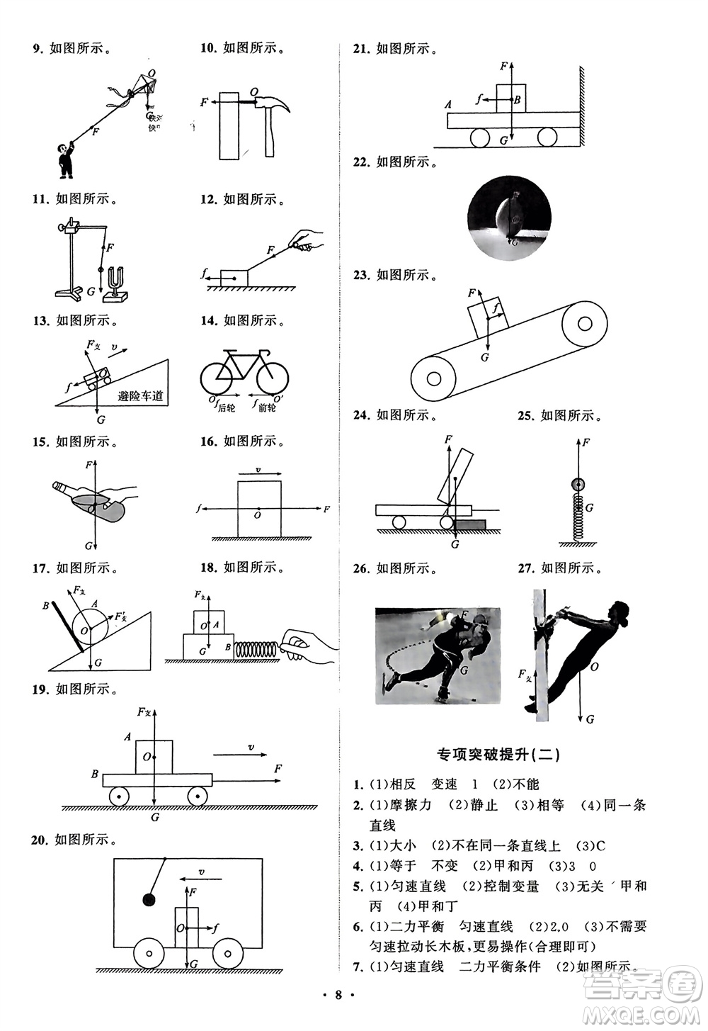 山東教育出版社2024年春初中同步練習(xí)冊分層卷八年級物理下冊五四學(xué)制魯科版參考答案
