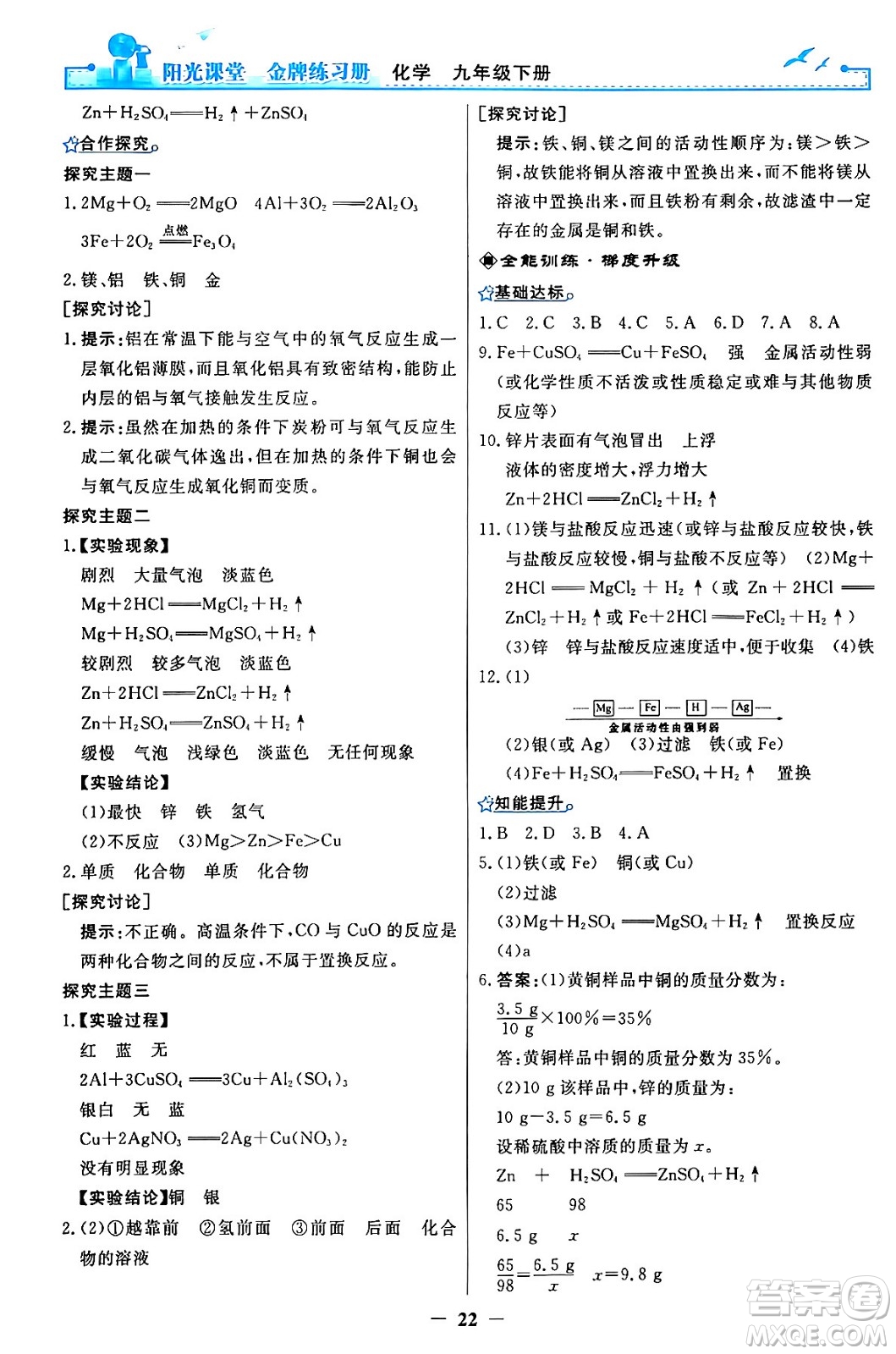 人民教育出版社2024年春陽光課堂金牌練習冊九年級化學下冊人教版答案