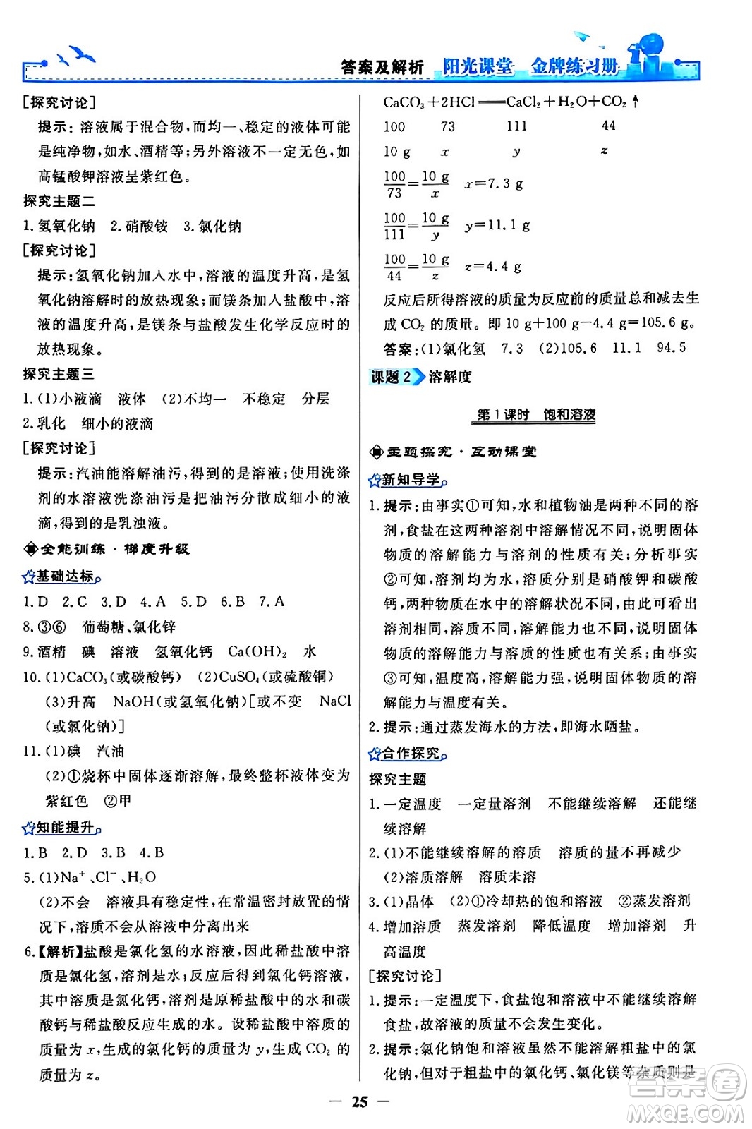人民教育出版社2024年春陽光課堂金牌練習冊九年級化學下冊人教版答案