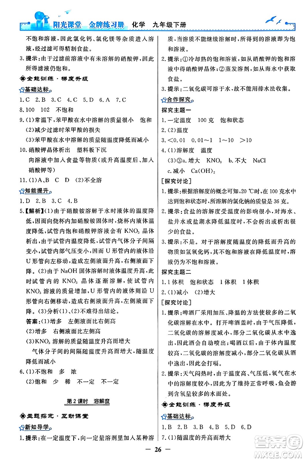 人民教育出版社2024年春陽光課堂金牌練習冊九年級化學下冊人教版答案