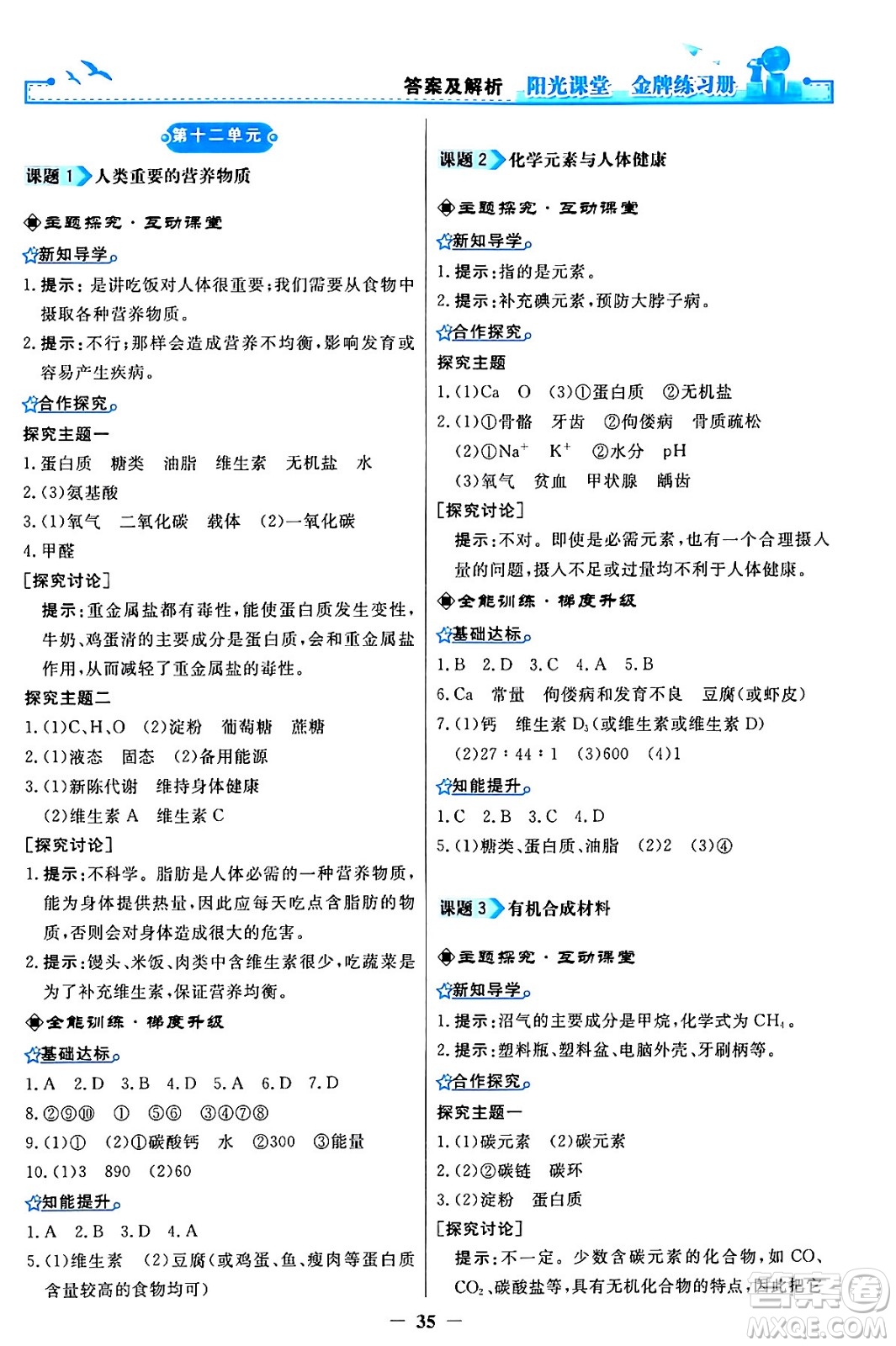 人民教育出版社2024年春陽光課堂金牌練習冊九年級化學下冊人教版答案