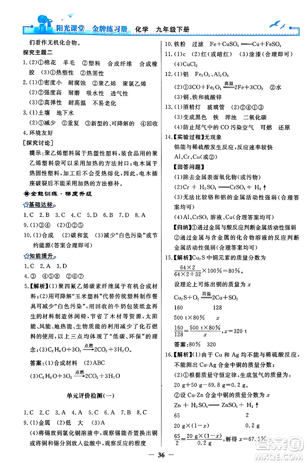 人民教育出版社2024年春陽光課堂金牌練習冊九年級化學下冊人教版答案