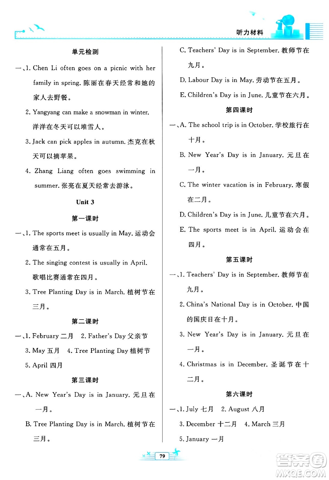 人民教育出版社2024年春陽光課堂金牌練習(xí)冊五年級英語下冊人教版答案
