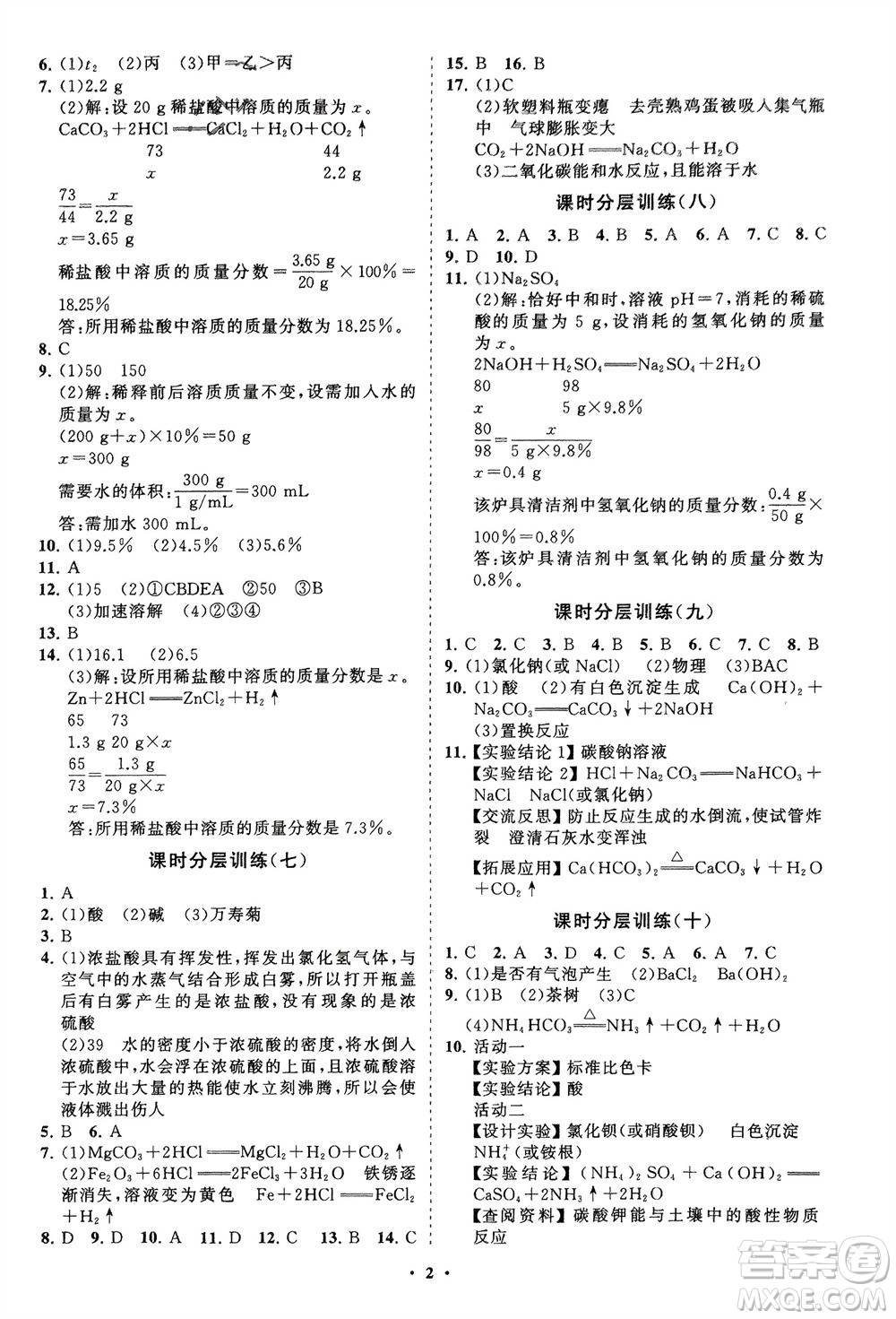 山東教育出版社2024年春初中同步練習冊分層卷九年級化學下冊人教版參考答案