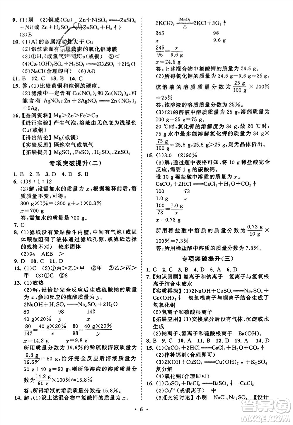 山東教育出版社2024年春初中同步練習冊分層卷九年級化學下冊人教版參考答案