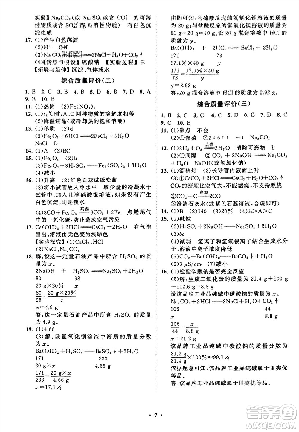 山東教育出版社2024年春初中同步練習冊分層卷九年級化學下冊人教版參考答案