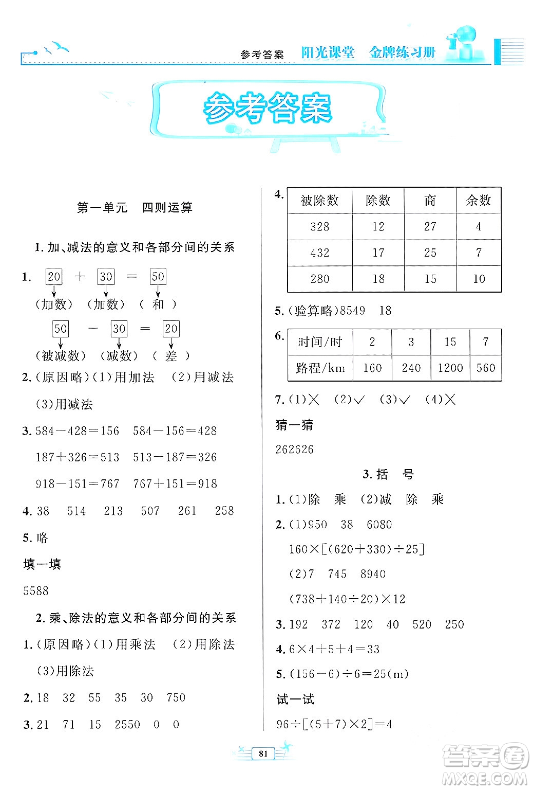 人民教育出版社2024年春陽光課堂金牌練習(xí)冊四年級數(shù)學(xué)下冊人教版答案