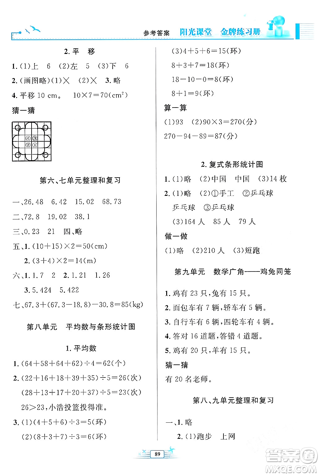 人民教育出版社2024年春陽光課堂金牌練習(xí)冊四年級數(shù)學(xué)下冊人教版答案