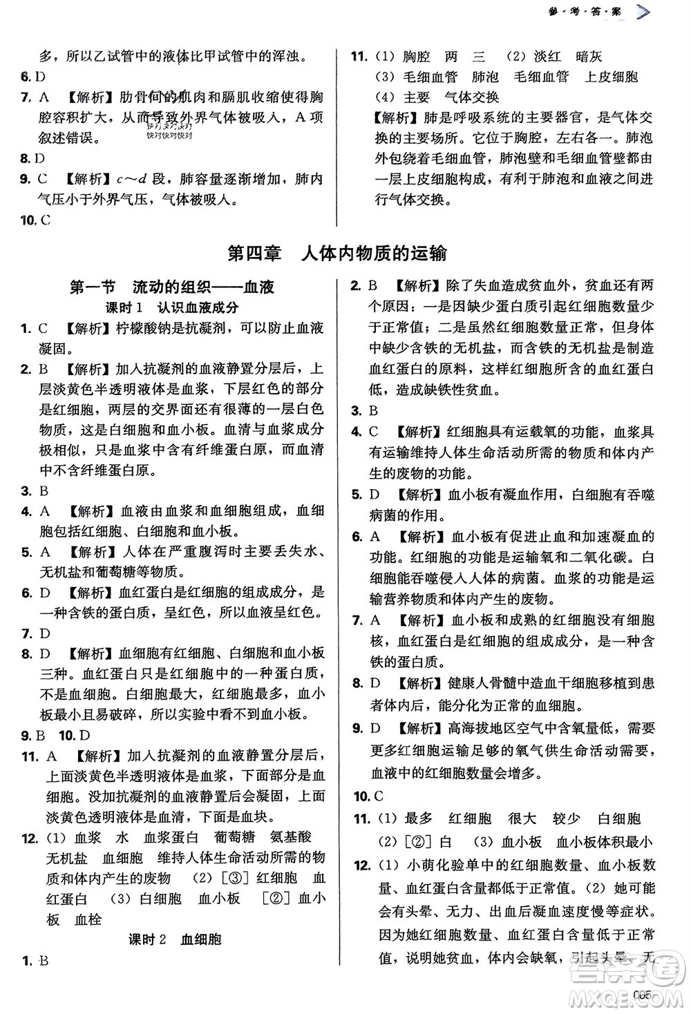 天津教育出版社2024年春學習質量監(jiān)測七年級生物下冊人教版參考答案