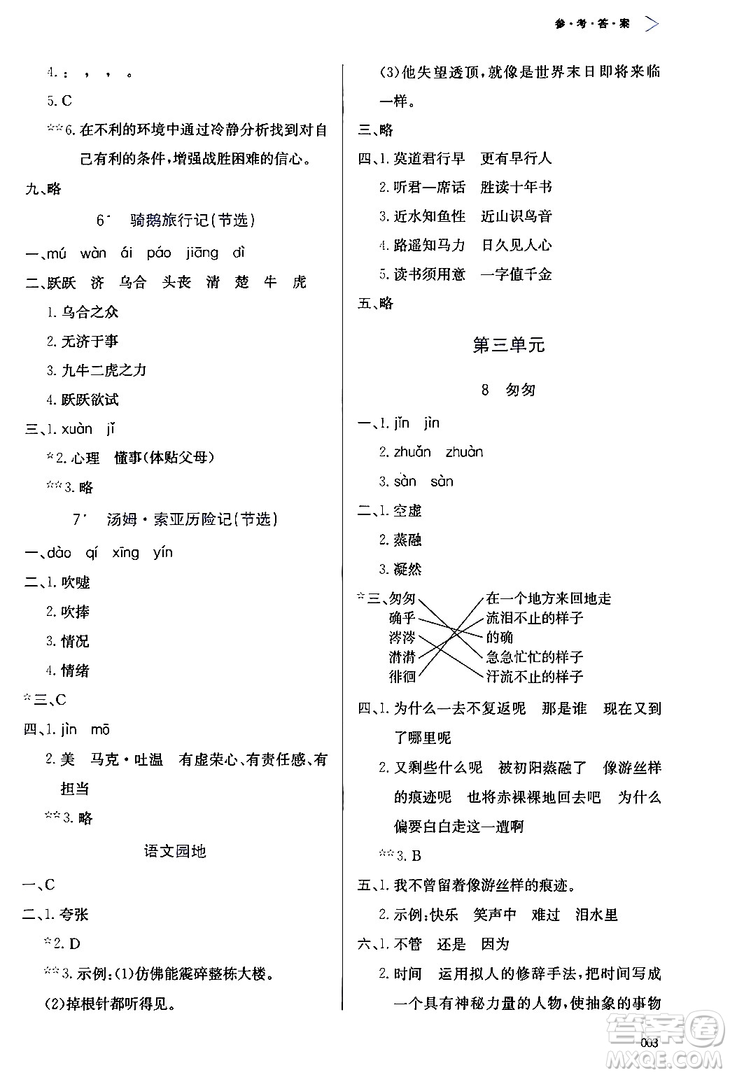天津教育出版社2024年春學(xué)習(xí)質(zhì)量監(jiān)測(cè)六年級(jí)語文下冊(cè)人教版答案