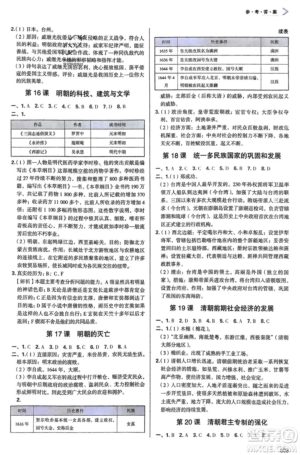 天津教育出版社2024年春學習質(zhì)量監(jiān)測七年級歷史下冊人教版參考答案
