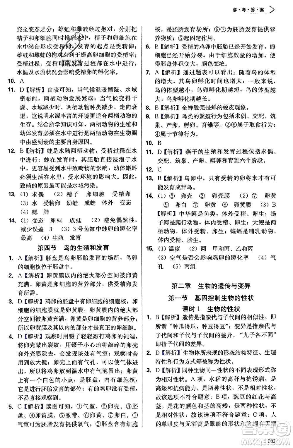 天津教育出版社2024年春學(xué)習(xí)質(zhì)量監(jiān)測(cè)八年級(jí)生物下冊(cè)人教版參考答案