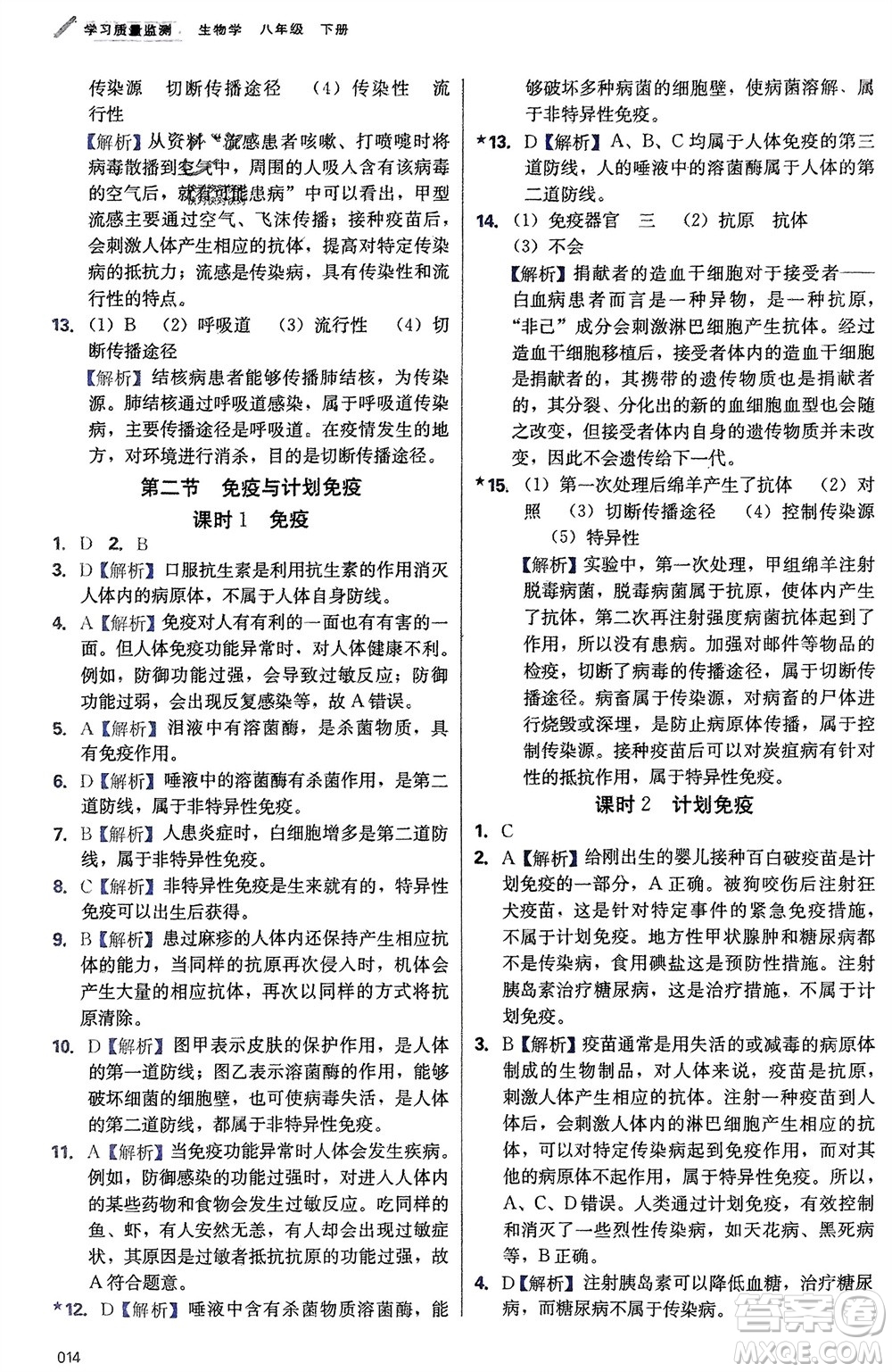 天津教育出版社2024年春學(xué)習(xí)質(zhì)量監(jiān)測(cè)八年級(jí)生物下冊(cè)人教版參考答案