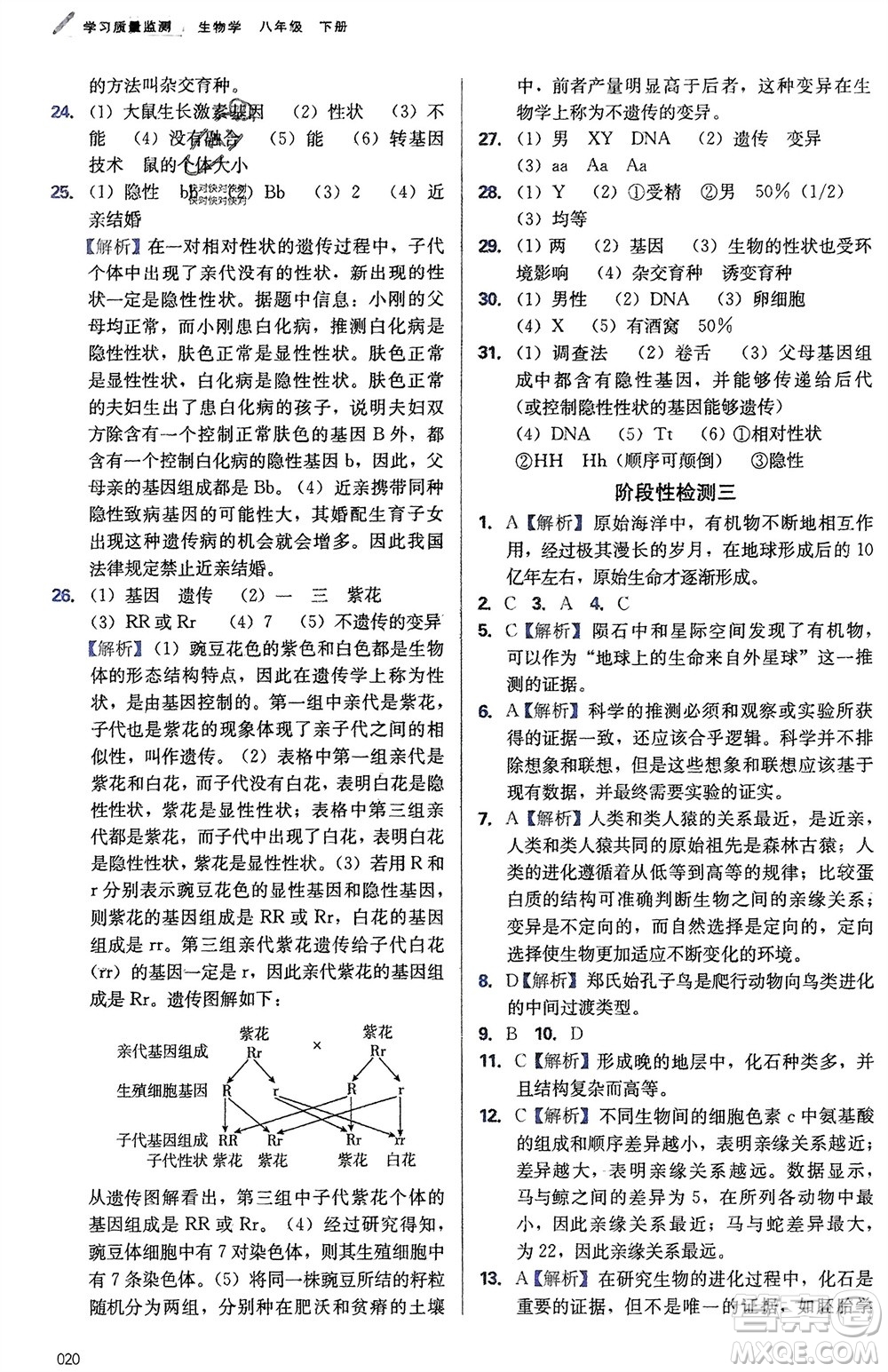 天津教育出版社2024年春學(xué)習(xí)質(zhì)量監(jiān)測(cè)八年級(jí)生物下冊(cè)人教版參考答案