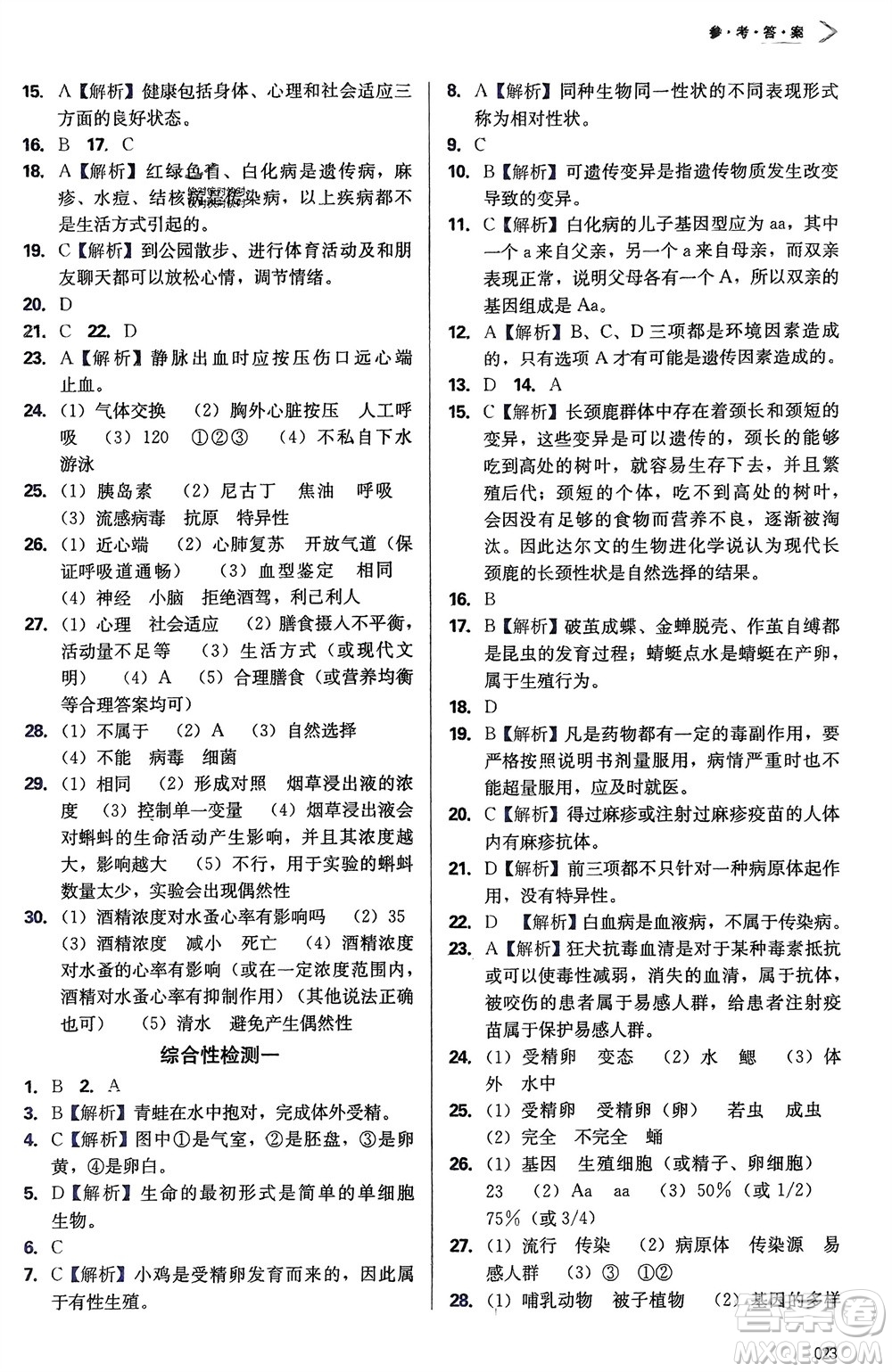 天津教育出版社2024年春學(xué)習(xí)質(zhì)量監(jiān)測(cè)八年級(jí)生物下冊(cè)人教版參考答案
