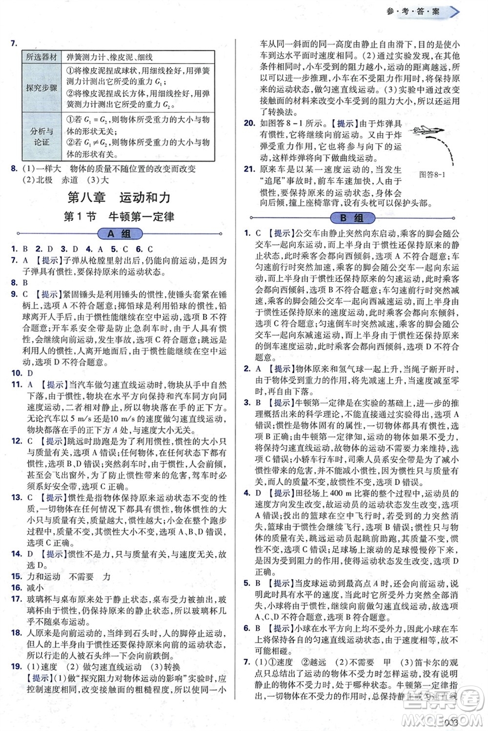天津教育出版社2024年春學(xué)習(xí)質(zhì)量監(jiān)測八年級物理下冊人教版參考答案
