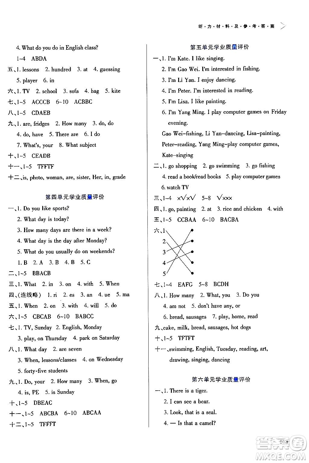 天津教育出版社2024年春學(xué)習(xí)質(zhì)量監(jiān)測四年級英語下冊人教版答案
