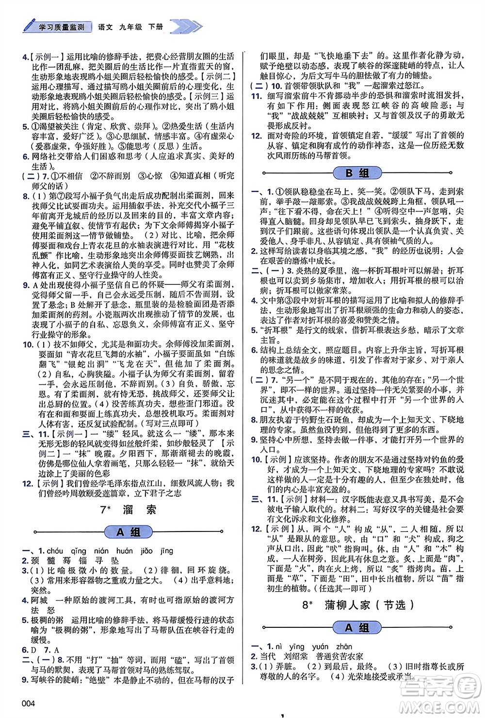 天津教育出版社2024年春學(xué)習(xí)質(zhì)量監(jiān)測(cè)九年級(jí)語文下冊(cè)人教版參考答案