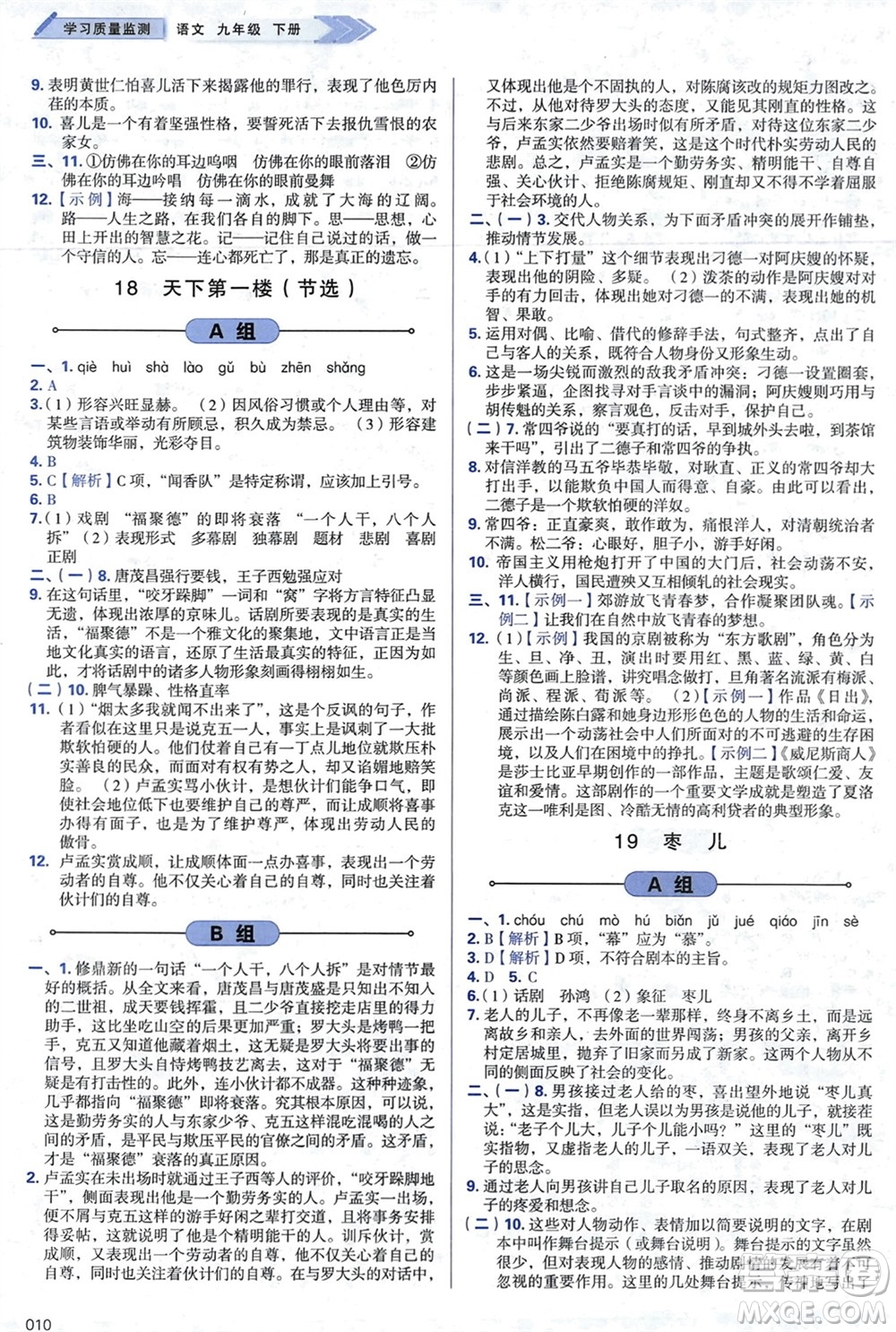 天津教育出版社2024年春學(xué)習(xí)質(zhì)量監(jiān)測(cè)九年級(jí)語文下冊(cè)人教版參考答案