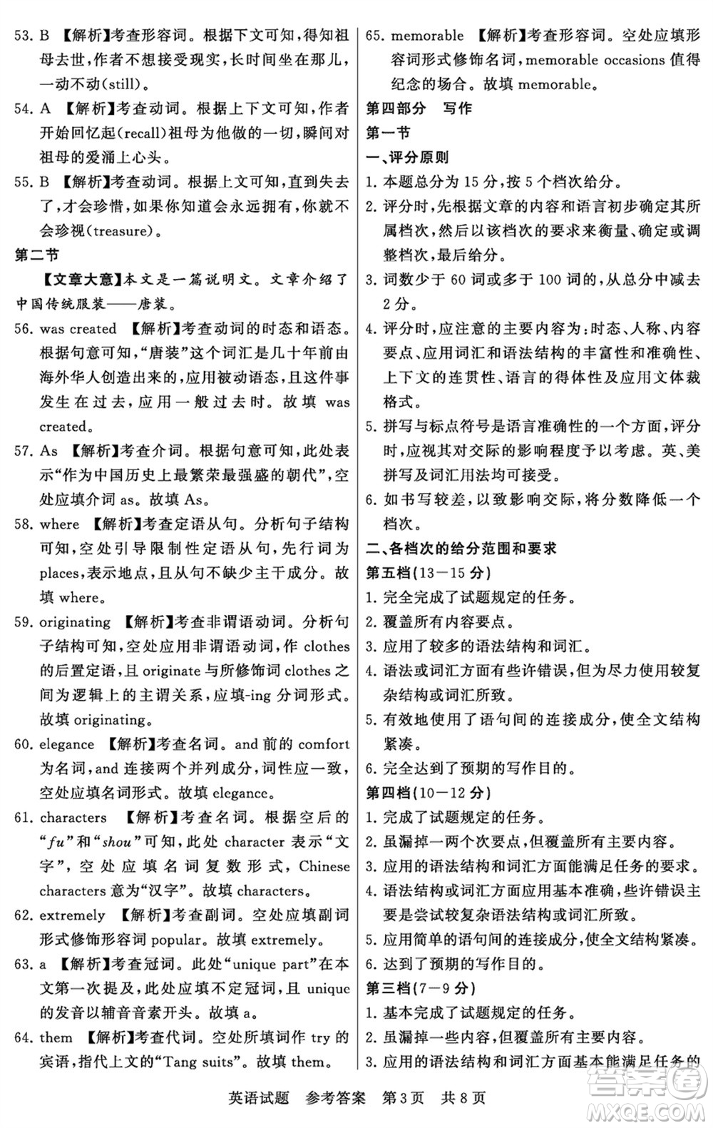 T8聯(lián)考山西省2024屆高三下學(xué)期第二次學(xué)業(yè)質(zhì)量評價英語試題參考答案