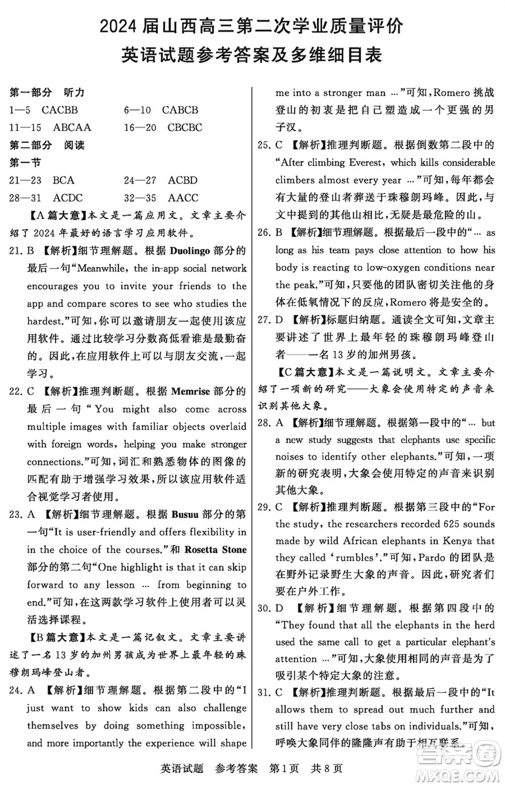 T8聯(lián)考山西省2024屆高三下學(xué)期第二次學(xué)業(yè)質(zhì)量評價英語試題參考答案