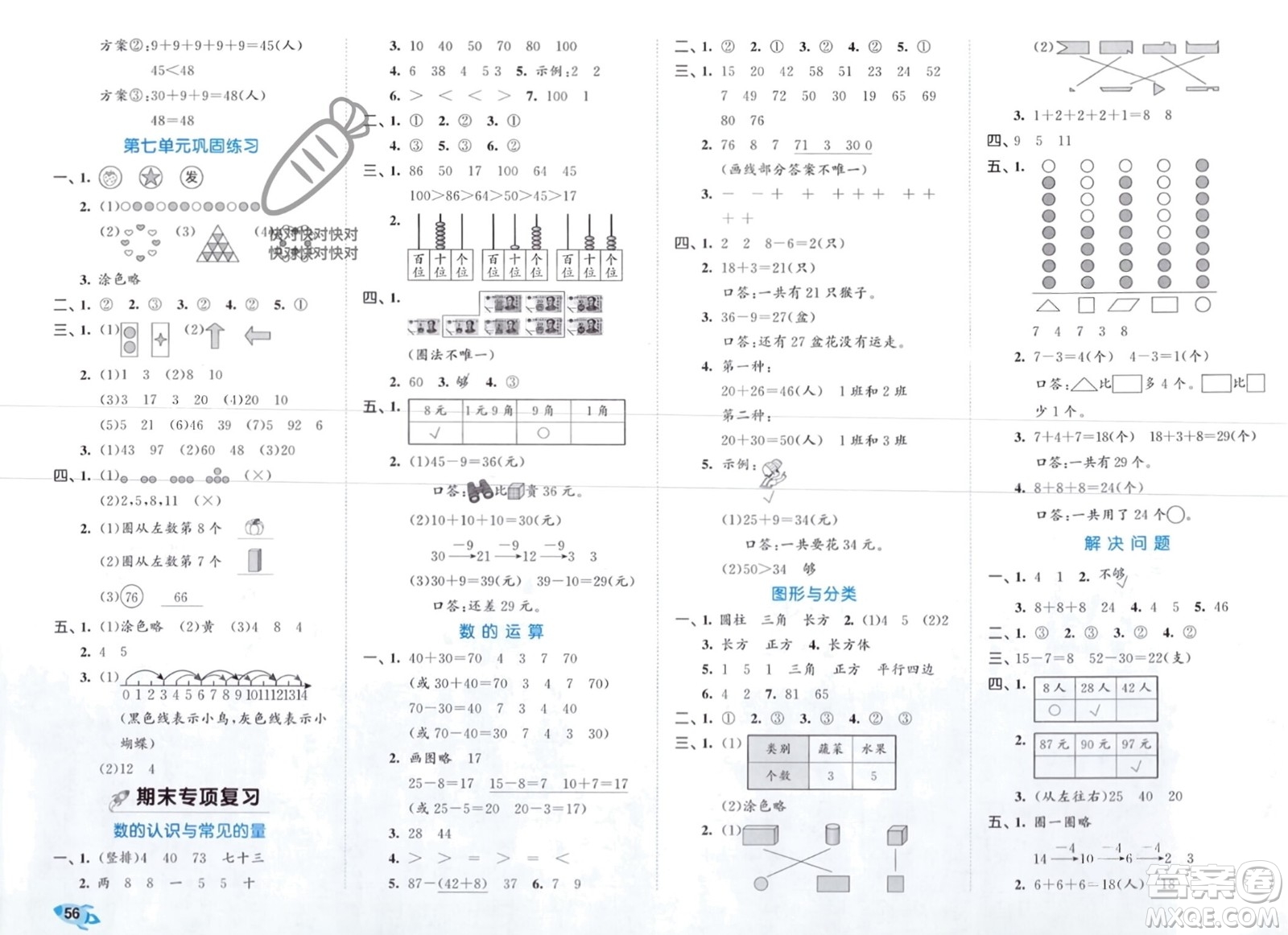 西安出版社2024年春53全優(yōu)卷一年級(jí)數(shù)學(xué)下冊(cè)人教版參考答案